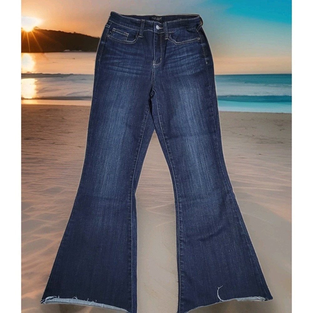 Judy‎ Blue Jeans Womens 3/26 Flare High Rise Dark Wash Boho Hippie Raw Hem Retro